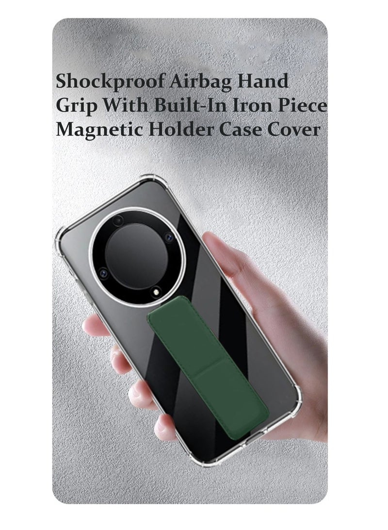 Techie Clear Shockproof Airbag Magnetic Secure Hand Grip Cover Case with Foldable Kickstand for Honor X9b – Dark Green - Image 3
