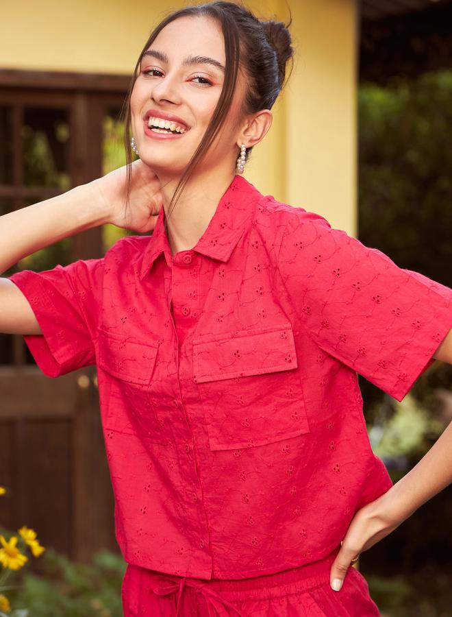 SASSAFRAS Schiffli Crop Shirt & Wide Leg Pants Co-Ords by Styli  - Image 4