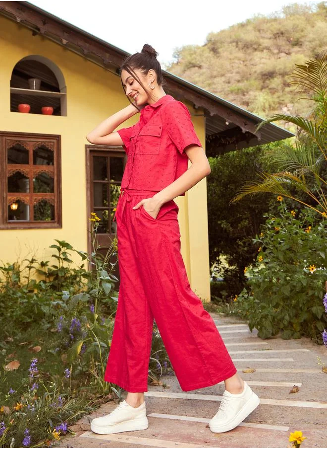 SASSAFRAS Schiffli Crop Shirt & Wide Leg Pants Co-Ords by Styli