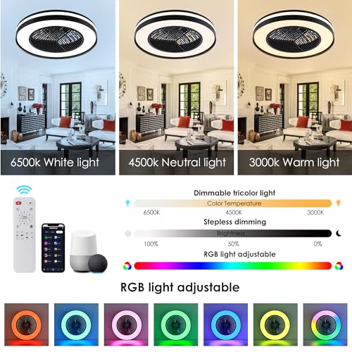 HUMHOLD Smart Low Profle Ceiling Fans with RGB Lights Remote/APP/Voice Control, 20" Bladeless Ceiling Fans with 6 Speeds, Timer, Quiet DC Motor, Ceiling Fan with Light for Kids Bedroom/Living Room - Image 4