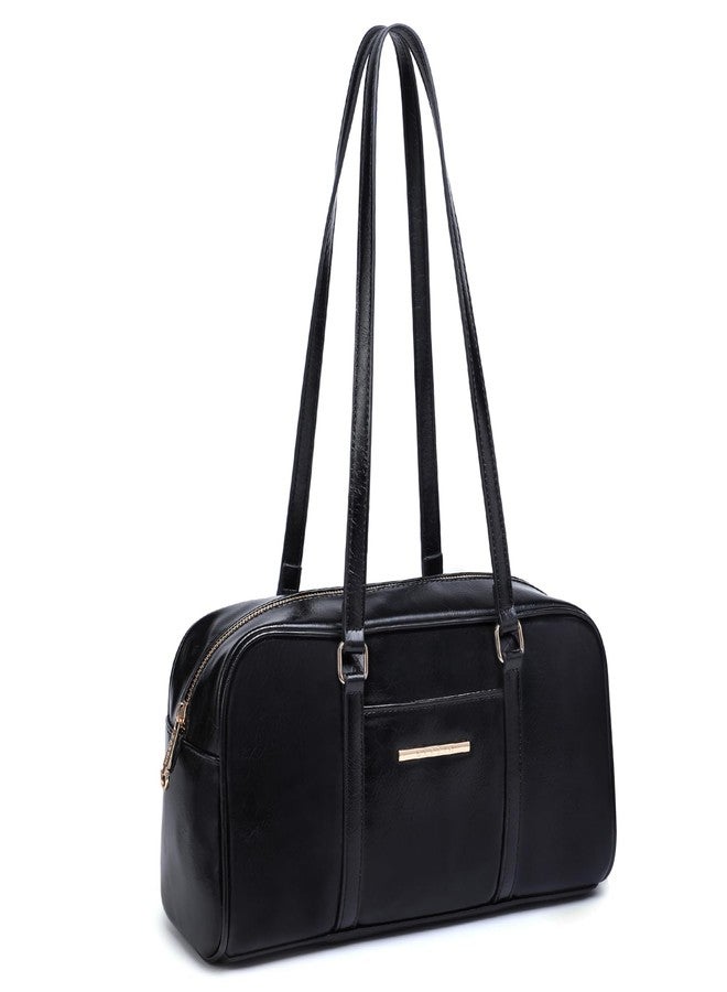 Dasein Faux Suede Shoulder Purses Retro Hobo Handbag Boston Style Bag East West Satchel for Women (PU Black) - Image 1