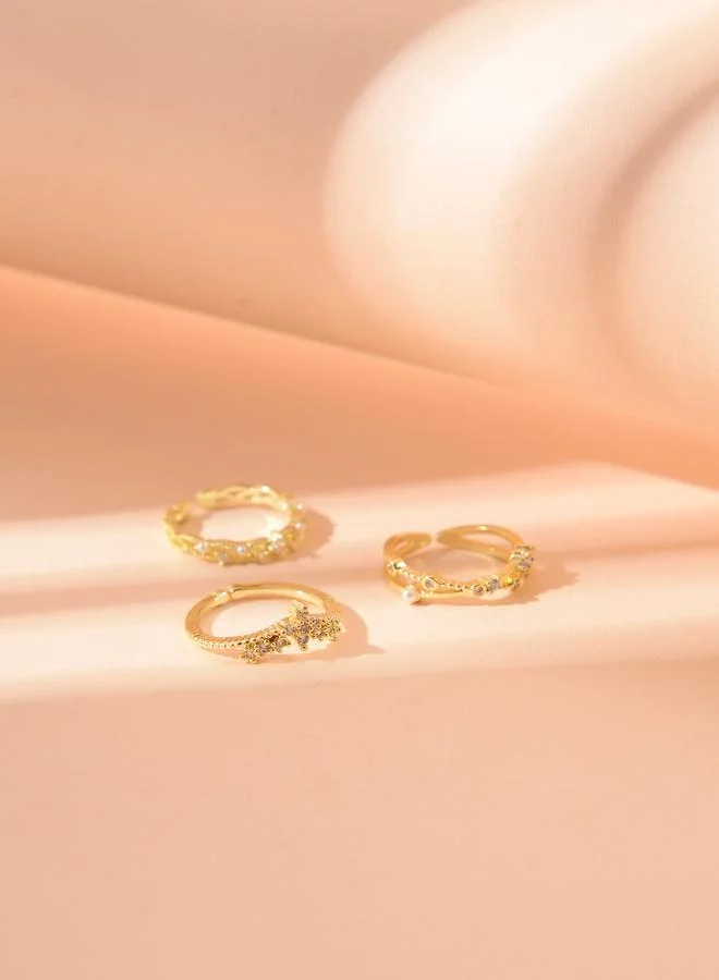 تايك تو Pack of 3 - Gold Tone Rhinestone Embellished Rings