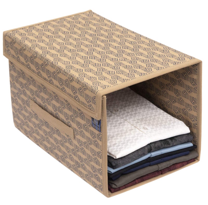 HomeStrap Printed Stackable Shirt Organizer with Cover Lid- Beige Pack of 1 - Image 1