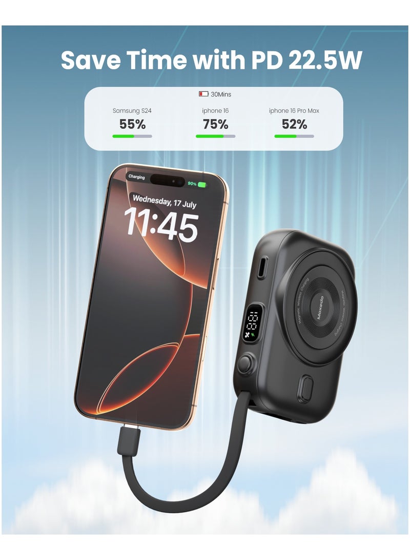 Moxedo باور بانك موكسييدو كومبو 5x 10,000 مللي أمبير مع قاعدة شحن 22.5 واط توصيل الطاقة شحن سريع USB-C عرض بطارية رقمي مع كابل Type-C مدمج / كابل لايتنينغ (أسود) - Image 5