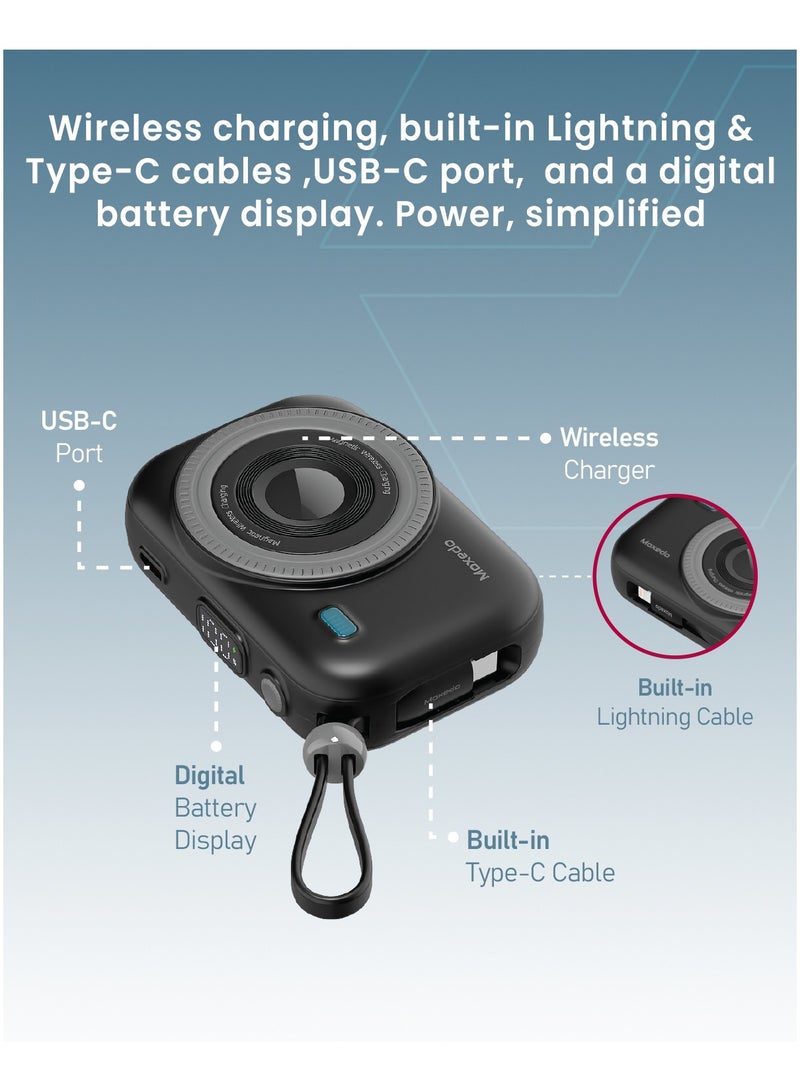 Moxedo باور بانك موكسييدو كومبو 5x 10,000 مللي أمبير مع قاعدة شحن 22.5 واط توصيل الطاقة شحن سريع USB-C عرض بطارية رقمي مع كابل Type-C مدمج / كابل لايتنينغ (أسود) - Image 4