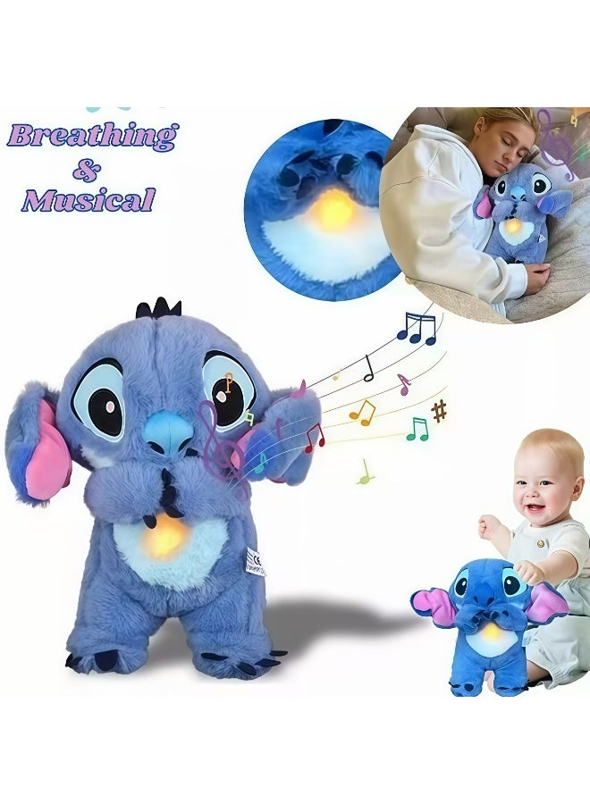 Stitch Premium Breathing Simulation Plush Toy Musical Lullaby Night Light Soothing Doll Rechargeable Baby Sleep Companion Ideal Gift for Babies and Boys（Blue 30CM） - Image 2