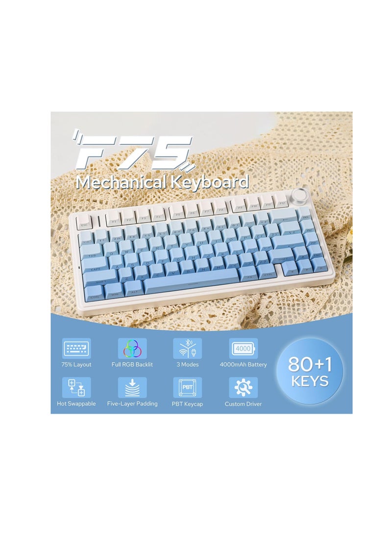 AULA F75 Gasket Mechanical Keyboard, 75% Wireless Hot Swappable Gaming Keyboard with Five-Layer Padding&Knob, Bluetooth/2.4GHz/USB-C, RGB (Blue Gradient, LEOBOG Reaper Switch)