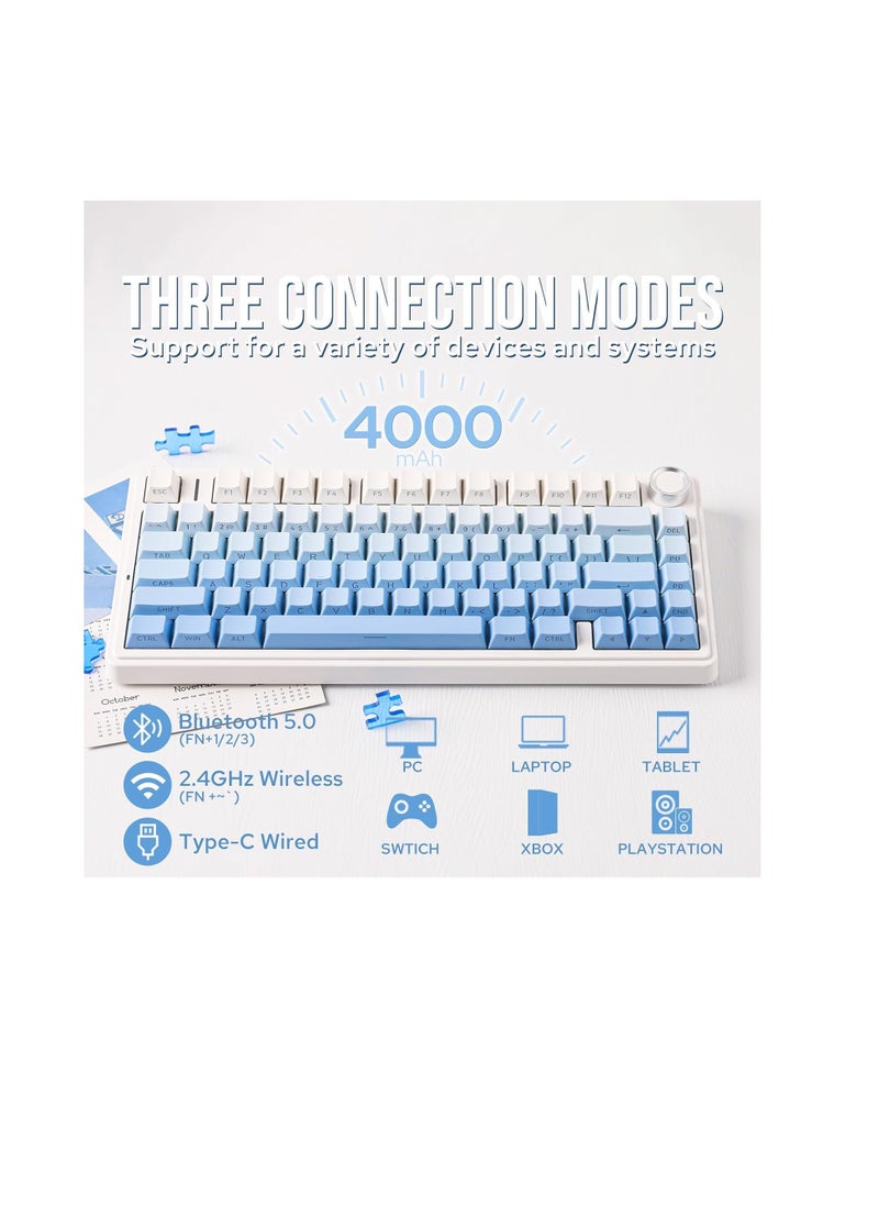 AULA F75 Gasket Mechanical Keyboard, 75% Wireless Hot Swappable Gaming Keyboard with Five-Layer Padding&Knob, Bluetooth/2.4GHz/USB-C, RGB (Blue Gradient, LEOBOG Reaper Switch)