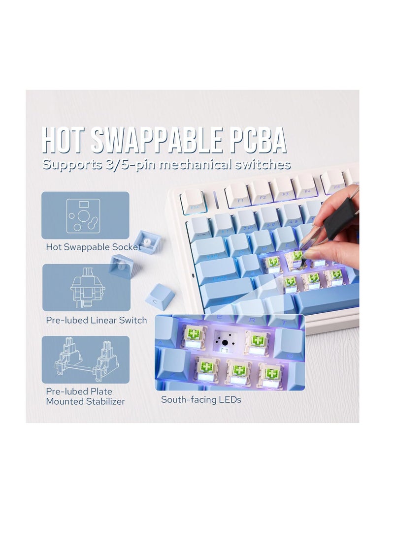 AULA F75 Gasket Mechanical Keyboard, 75% Wireless Hot Swappable Gaming Keyboard with Five-Layer Padding&Knob, Bluetooth/2.4GHz/USB-C, RGB (Blue Gradient, LEOBOG Reaper Switch)