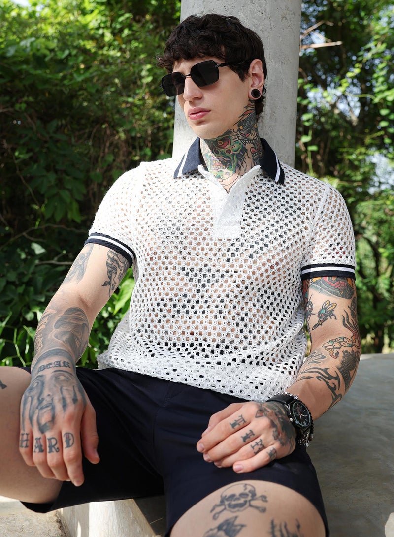 Campus Sutra Campus Sutra Men's Chalk White:Onyx Black Open-Knit Block Polo T-Shirt | Breathable Mesh Design with Contrast Collar & Cuffs | Lightweight Cotton Blend for Casual & Street Wear | Regular Fit - Image 1