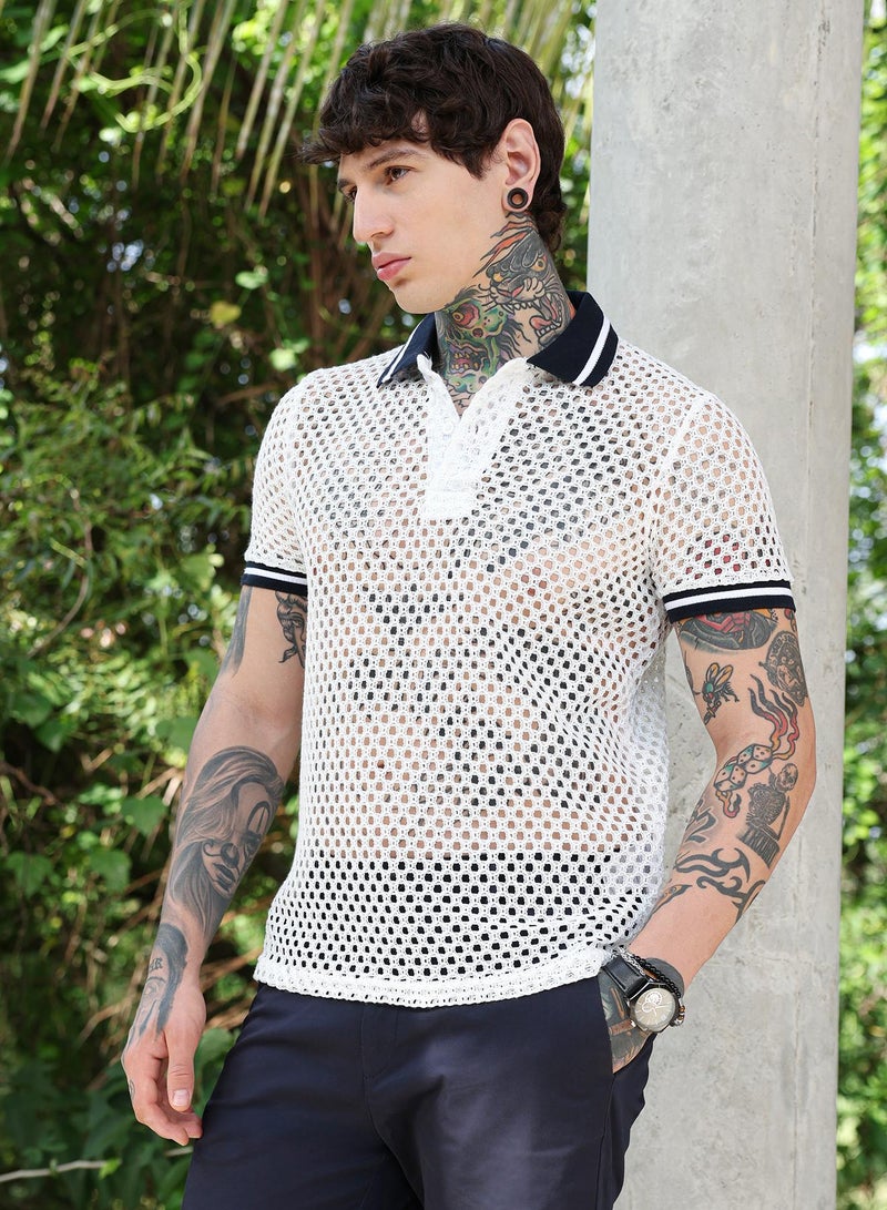 Campus Sutra Campus Sutra Men's Chalk White:Onyx Black Open-Knit Block Polo T-Shirt | Breathable Mesh Design with Contrast Collar & Cuffs | Lightweight Cotton Blend for Casual & Street Wear | Regular Fit - Image 3