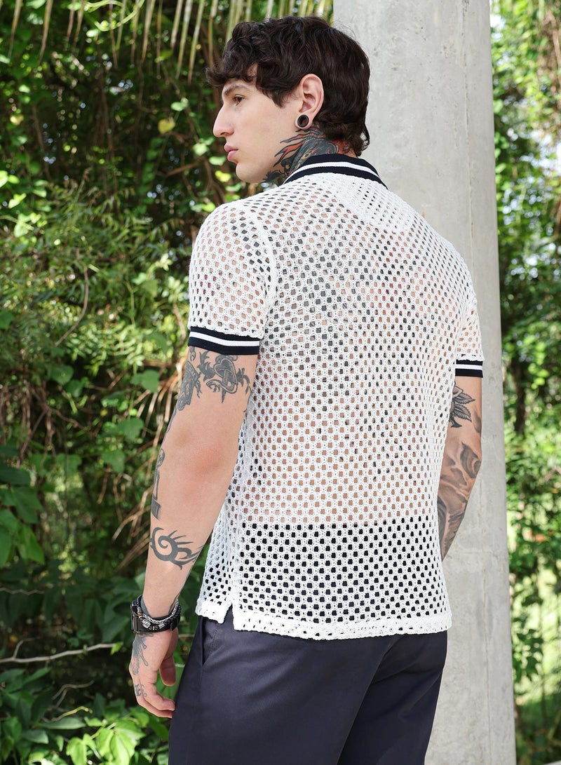 Campus Sutra Campus Sutra Men's Chalk White:Onyx Black Open-Knit Block Polo T-Shirt | Breathable Mesh Design with Contrast Collar & Cuffs | Lightweight Cotton Blend for Casual & Street Wear | Regular Fit - Image 5