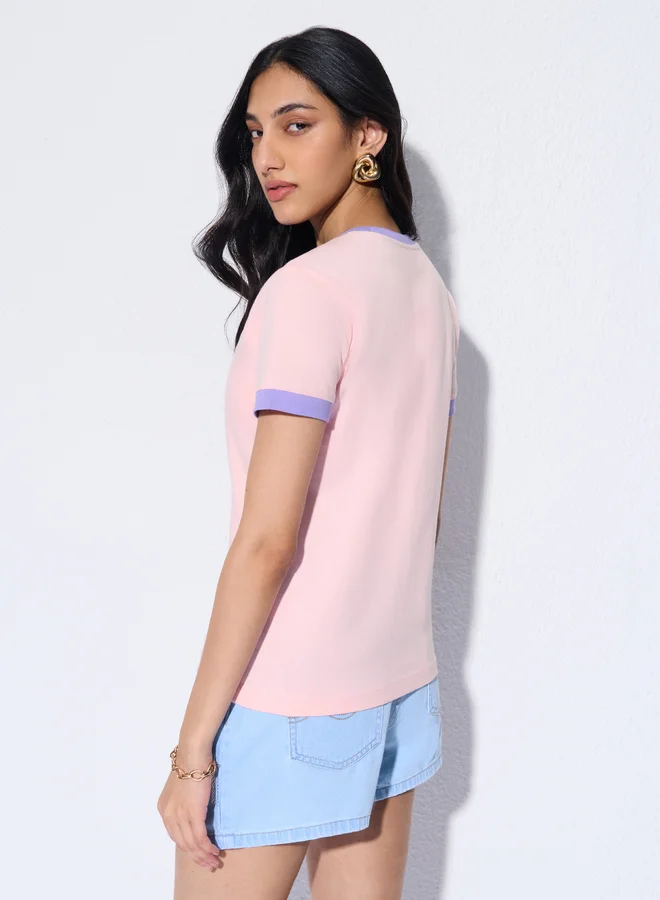 ذا سوليد ستور Pink Ringer T-Shirt with Badge Detail