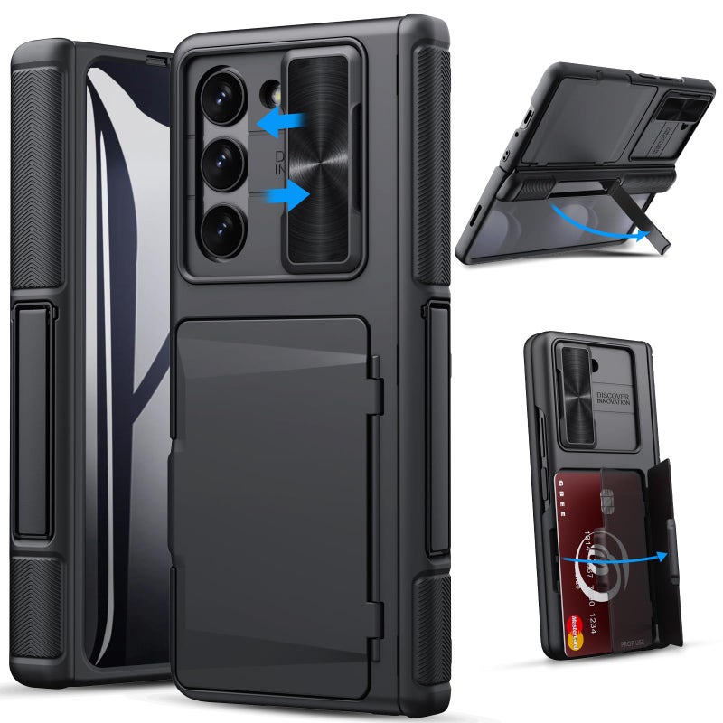 GBEE for Samsung Galaxy Z Fold 5 Case with Kickstand & Screen Protector & Card Holder & Sliding Camera Cover & Hinge Protection, Durable Rugged Stand Wallet Phone Case for Galaxy Z Fold 5 2023, Black - Image 1