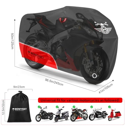 ROWYEET Motorcycle Cover Waterproof Outdoor Storage with LockHoles Storage Bag Night Reflective Design Heavy Duty Protection Powersports Vehicle Covers Fits up to 965116 420D Red 965 - Image 3