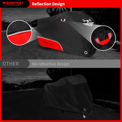 ROWYEET Motorcycle Cover Waterproof Outdoor Storage with LockHoles Storage Bag Night Reflective Design Heavy Duty Protection Powersports Vehicle Covers Fits up to 965116 420D Red 965 - Image 5