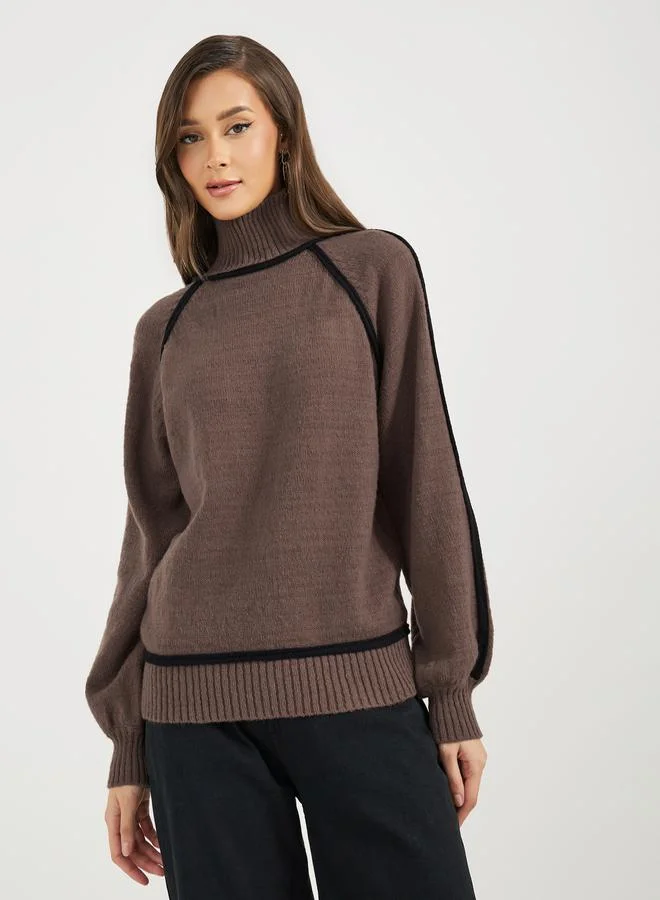 Styli Turtle Neck Knit Top with Balloon Sleeves