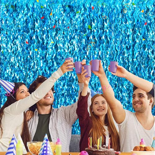 TONIFUL 2Pcs Wavy Metallic Tinsel Foil Fringe Curtains Teal Blue Streamer Backdrop for Photo Booth Props,Party Door Wall Curtains,Bachelorette,Underwater World Birthday Party Decor (6.6ft x 6.6ft) - Image 4