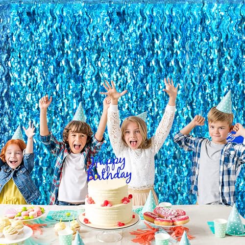 TONIFUL 2Pcs Wavy Metallic Tinsel Foil Fringe Curtains Teal Blue Streamer Backdrop for Photo Booth Props,Party Door Wall Curtains,Bachelorette,Underwater World Birthday Party Decor (6.6ft x 6.6ft) - Image 5
