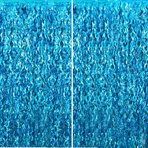 TONIFUL 2Pcs Wavy Metallic Tinsel Foil Fringe Curtains Teal Blue Streamer Backdrop for Photo Booth Props,Party Door Wall Curtains,Bachelorette,Underwater World Birthday Party Decor (6.6ft x 6.6ft) - Image 1