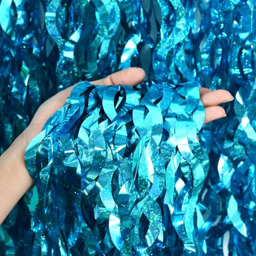 TONIFUL 2Pcs Wavy Metallic Tinsel Foil Fringe Curtains Teal Blue Streamer Backdrop for Photo Booth Props,Party Door Wall Curtains,Bachelorette,Underwater World Birthday Party Decor (6.6ft x 6.6ft) - Image 3