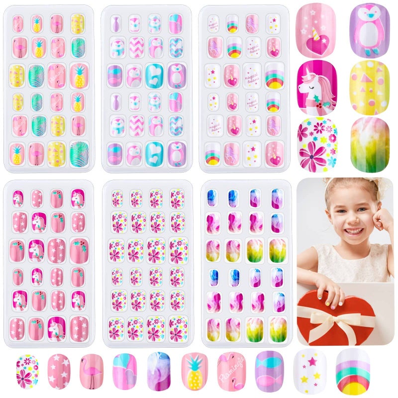 Thrilez 144 Pieces Press on Nails Grils, Thrilez Children Fake Artificial False Nail Tips Pre Glue Full Cover Short Acrylic Nails for Girls Kids Nail Art Decoration (Rainbow Sky) - Image 1