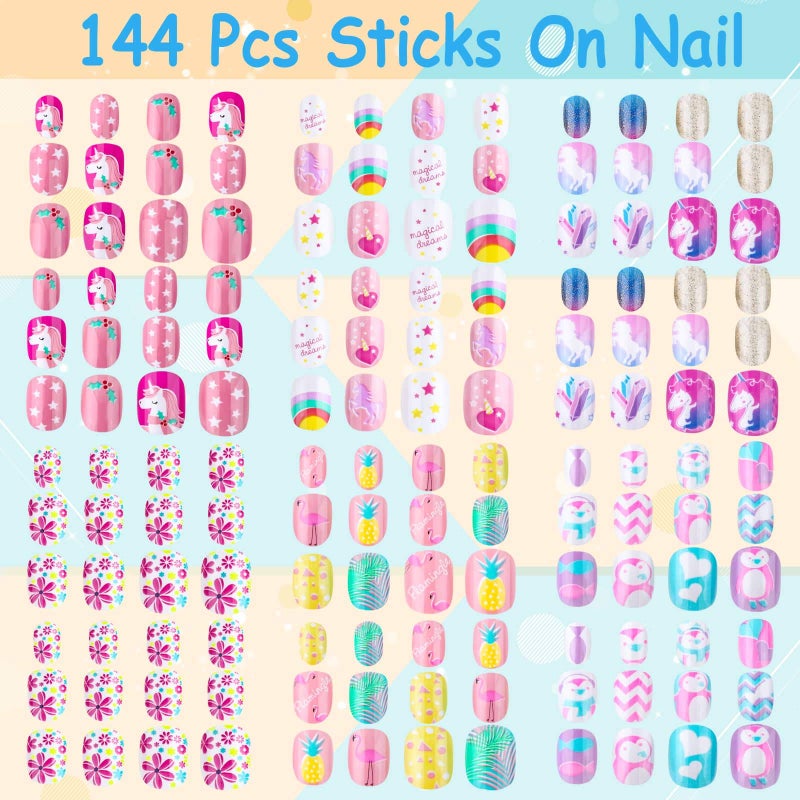 Thrilez 144 Pieces Press on Nails Grils, Thrilez Children Fake Artificial False Nail Tips Pre Glue Full Cover Short Acrylic Nails for Girls Kids Nail Art Decoration (Rainbow Sky) - Image 3