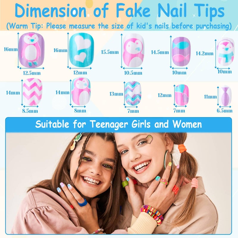 Thrilez 144 Pieces Press on Nails Grils, Thrilez Children Fake Artificial False Nail Tips Pre Glue Full Cover Short Acrylic Nails for Girls Kids Nail Art Decoration (Rainbow Sky) - Image 5