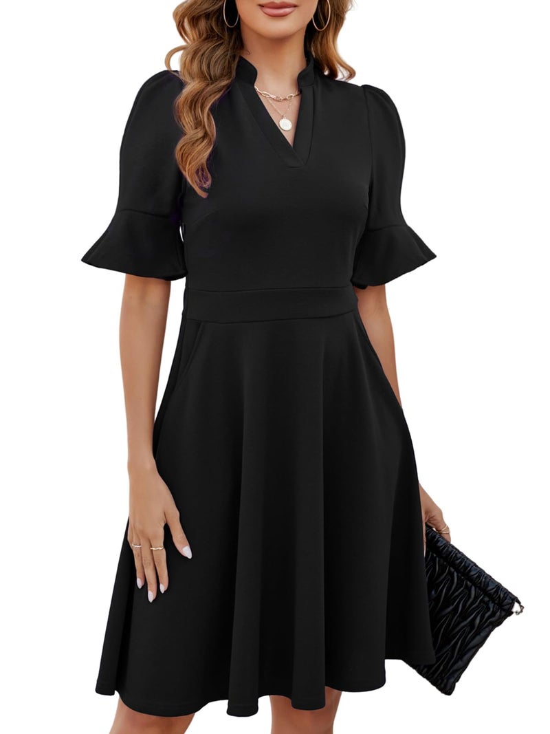 Mokayee Black Funeral Dresses for Women 2026 Summer Short Ruffle Sleeve V Neck Knee Length Fit and Flare Swing Sunday Church Petite Interview Professional Business Casual Laides Work Dress with Pockets XL - Image 4