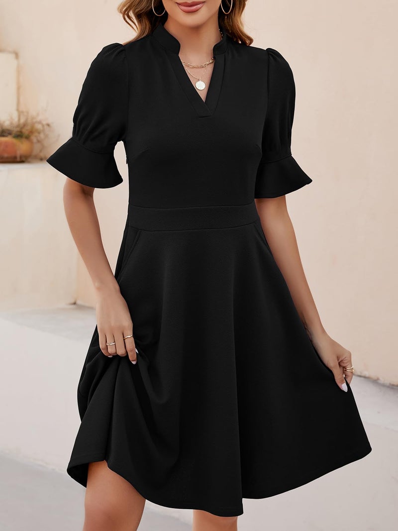 Mokayee Black Funeral Dresses for Women 2026 Summer Short Ruffle Sleeve V Neck Knee Length Fit and Flare Swing Sunday Church Petite Interview Professional Business Casual Laides Work Dress with Pockets XL - Image 2