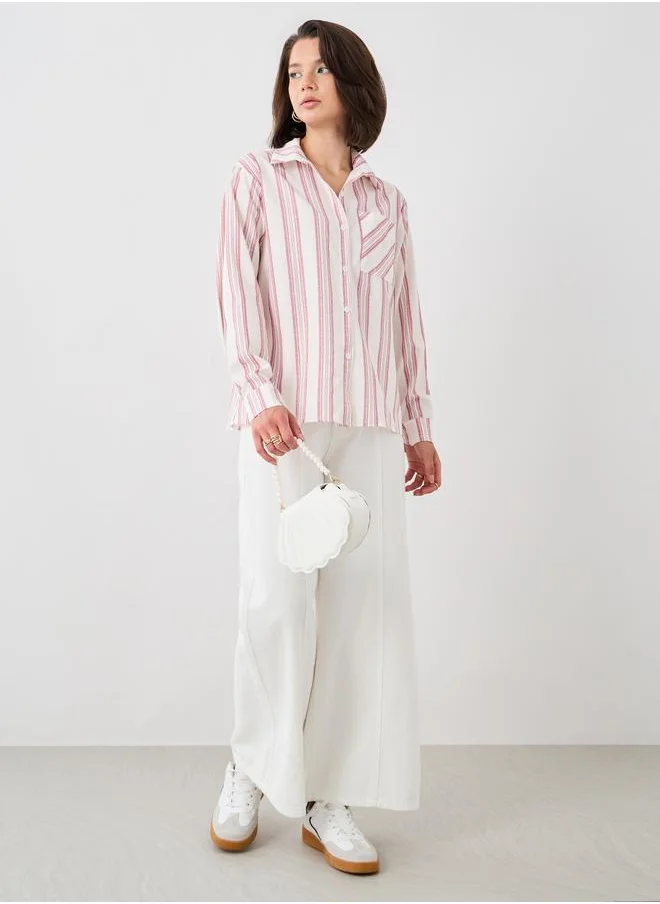 تايك تو Take Two Striped Long Sleeve Oversized Shirt with Chest Pocket