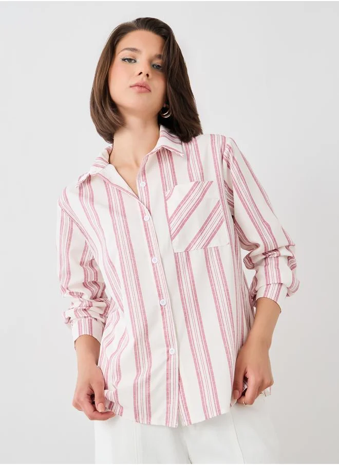تايك تو Take Two Striped Long Sleeve Oversized Shirt with Chest Pocket