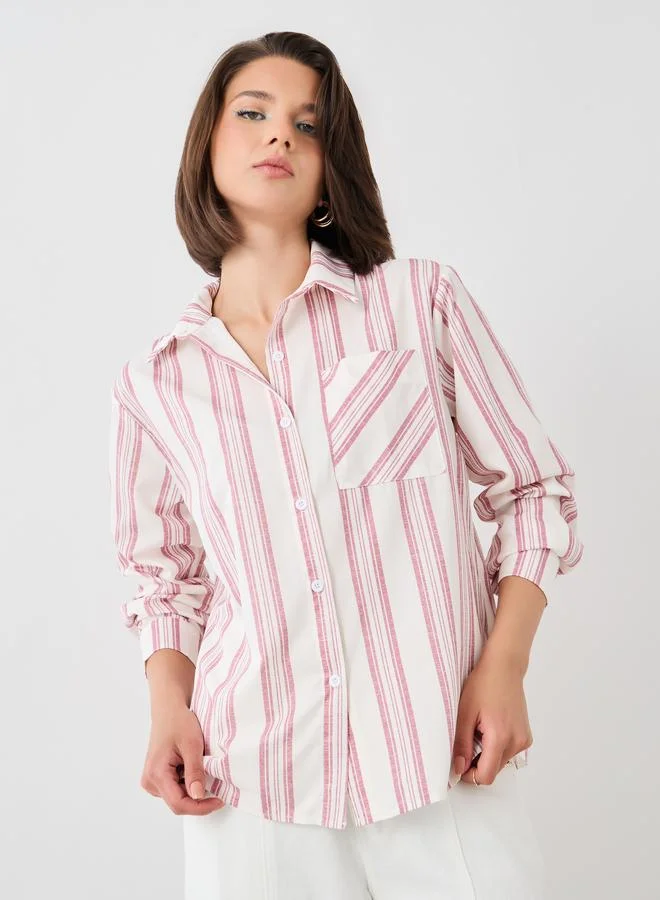 Take Two Take Two Striped Long Sleeve Oversized Shirt with Chest Pocket