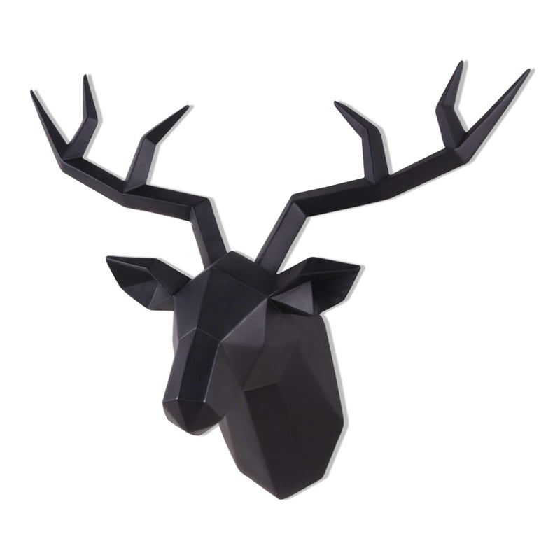 Keygift Deer Head Wall Decor Geometrical Black Deer Antlers Wall Sculpture Faux Taxidermy Resin Wall Animal Head 14x55x11 Inches