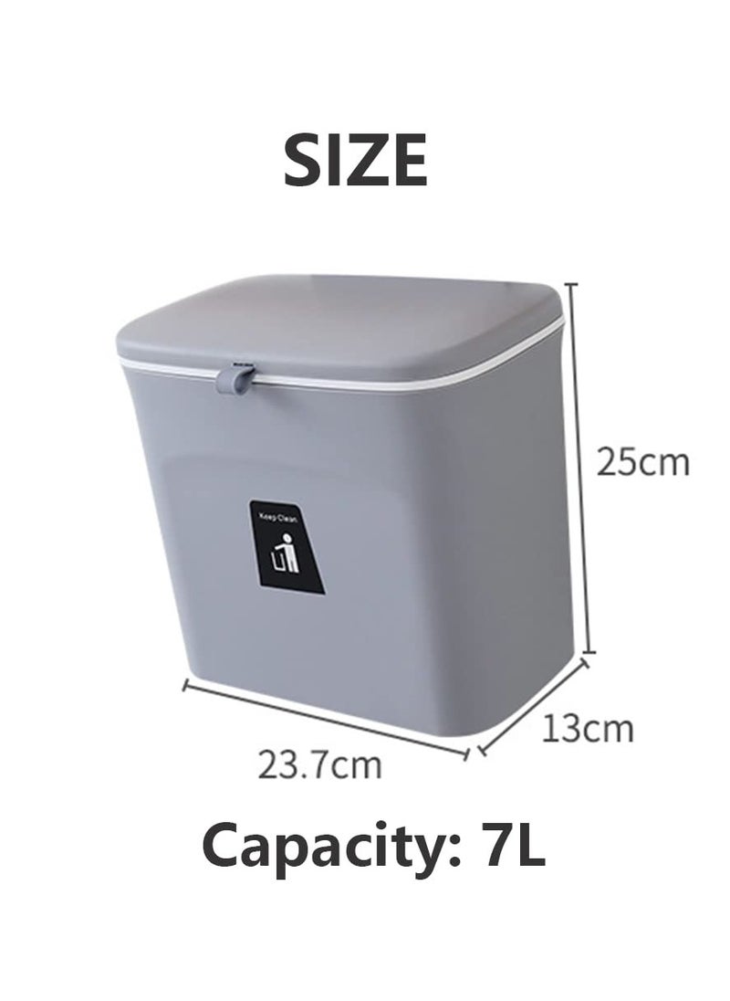 Cuken Small Kitchen Hanging Trash Can 7L with Lid, Garbage Can Home Waste Bin Domestic Bin for Bathroom Office Bedroom Kitchen Gray  - Image 2