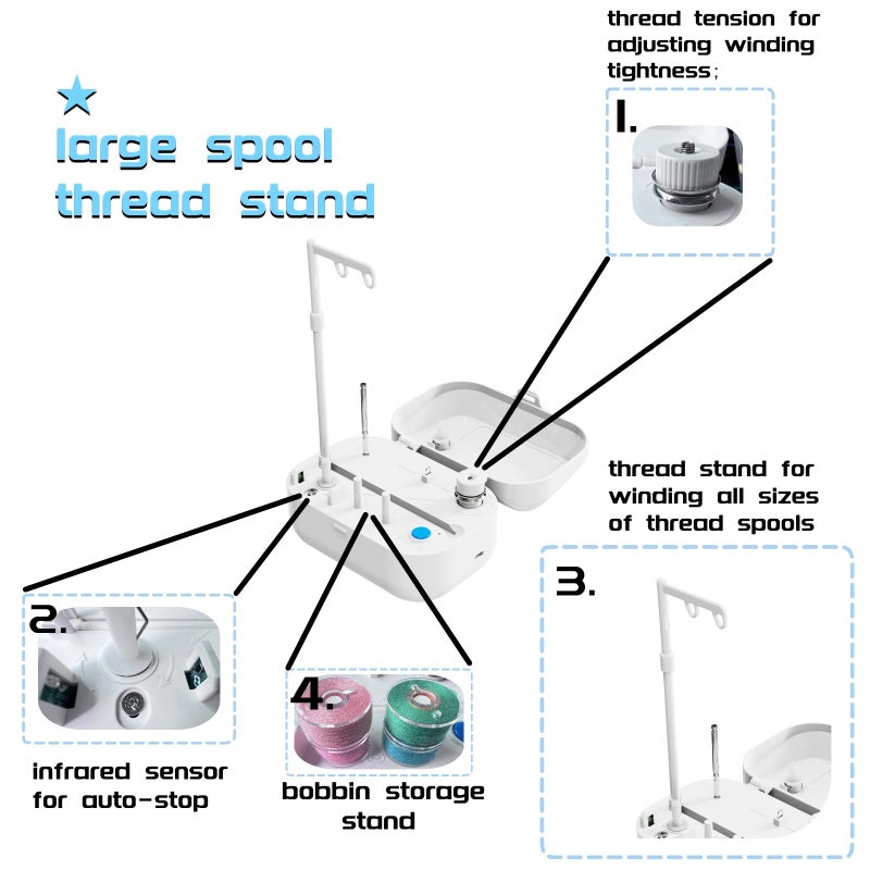 LRDCREEE Automatic Bobbin Winder Bobbin Winding Machine with Auto Stop Sensor, Large Spool Thread Holder and Extra 25 Pcs Class 15 Bobbins for Sewing Machine Thread Winding Use - Image 3