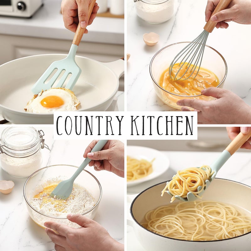 Country Kitchen Non Stick Silicone Utensil Set with Rounded Wood Handles for Cooking and Baking, 38 Piece Set, Mint - Image 4