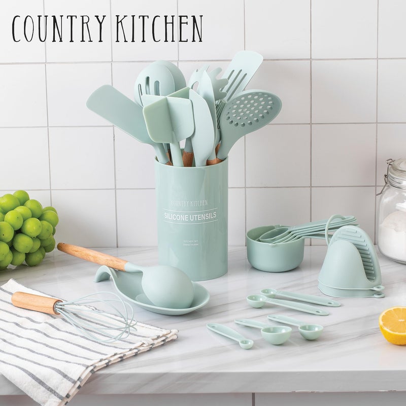 Country Kitchen Non Stick Silicone Utensil Set with Rounded Wood Handles for Cooking and Baking, 38 Piece Set, Mint - Image 5
