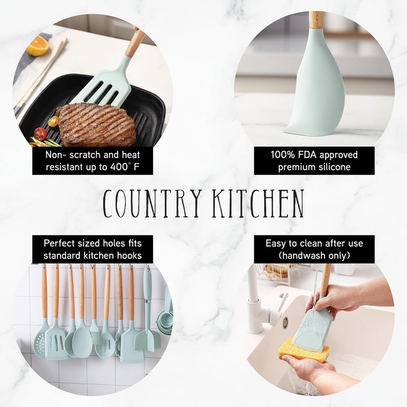 Country Kitchen Non Stick Silicone Utensil Set with Rounded Wood Handles for Cooking and Baking, 38 Piece Set, Mint - Image 2