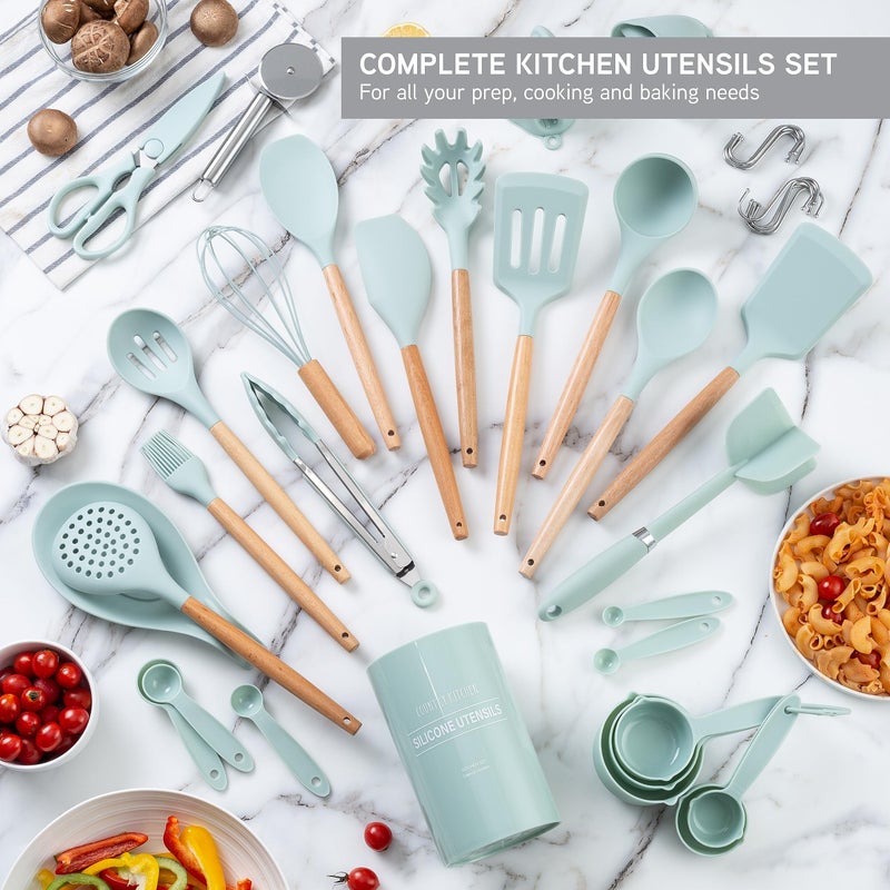 Country Kitchen Non Stick Silicone Utensil Set with Rounded Wood Handles for Cooking and Baking, 38 Piece Set, Mint - Image 3