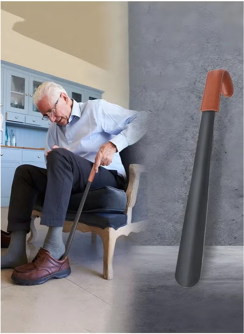 Long handle shoe horn for the elderly, long metal shoe horn, special for boots, 42 cm boot horn with leather handle, extra long shoe horn for men  - Image 2