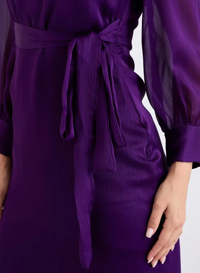 Styli Styli Purple Ruffled V Neck Tie Up Midi Dress