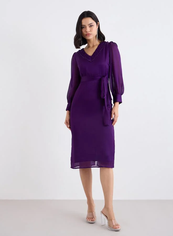 Styli Styli Purple Ruffled V Neck Tie Up Midi Dress