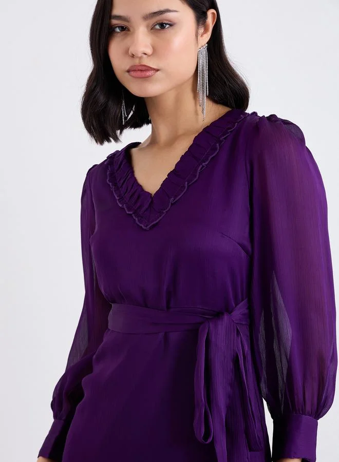 Styli Styli Purple Ruffled V Neck Tie Up Midi Dress