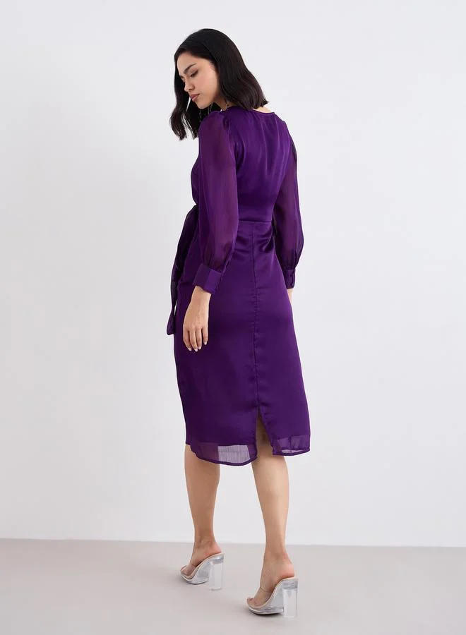 Styli Styli Purple Ruffled V Neck Tie Up Midi Dress
