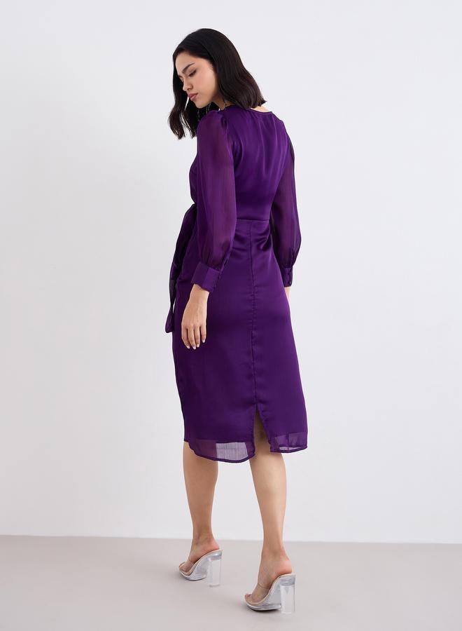 ستايلي فستان ميدي بنفسجي مكشكش بياقة على شكل حرف  ورباط - Image 4