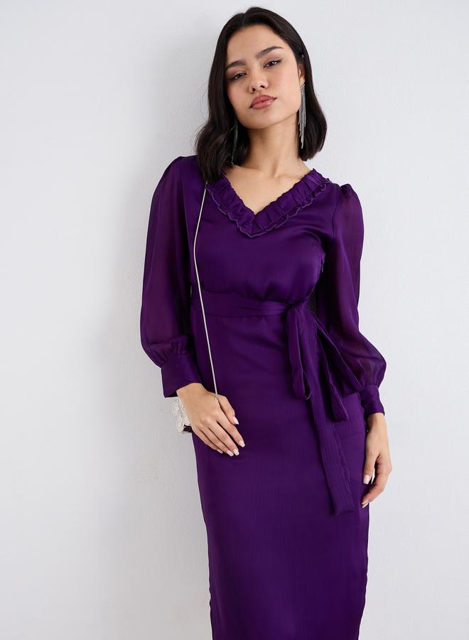 ستايلي فستان ميدي بنفسجي مكشكش بياقة على شكل حرف  ورباط - Image 5