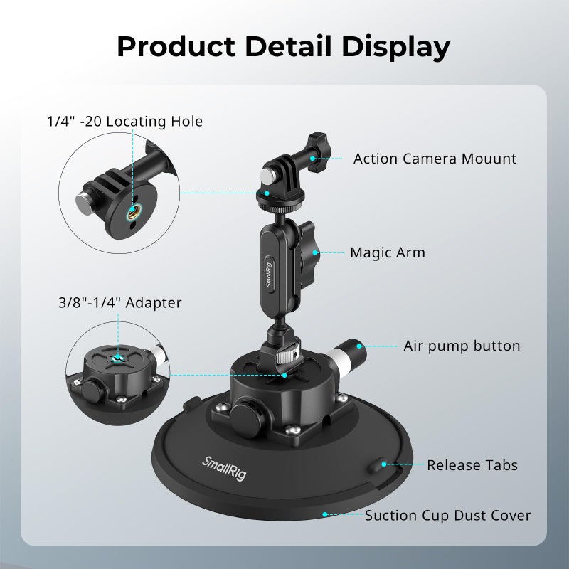 SMALLRIG 6" Suction Cup Mount with Ball Head Magic Arm, Action Camera Mount for DJI Osmo Action 5 Pro/4, for Insta360 x5, for Gopro 13/12, Load Capacity 3kg, on Car Windshield or Window - 5856 - Image 4