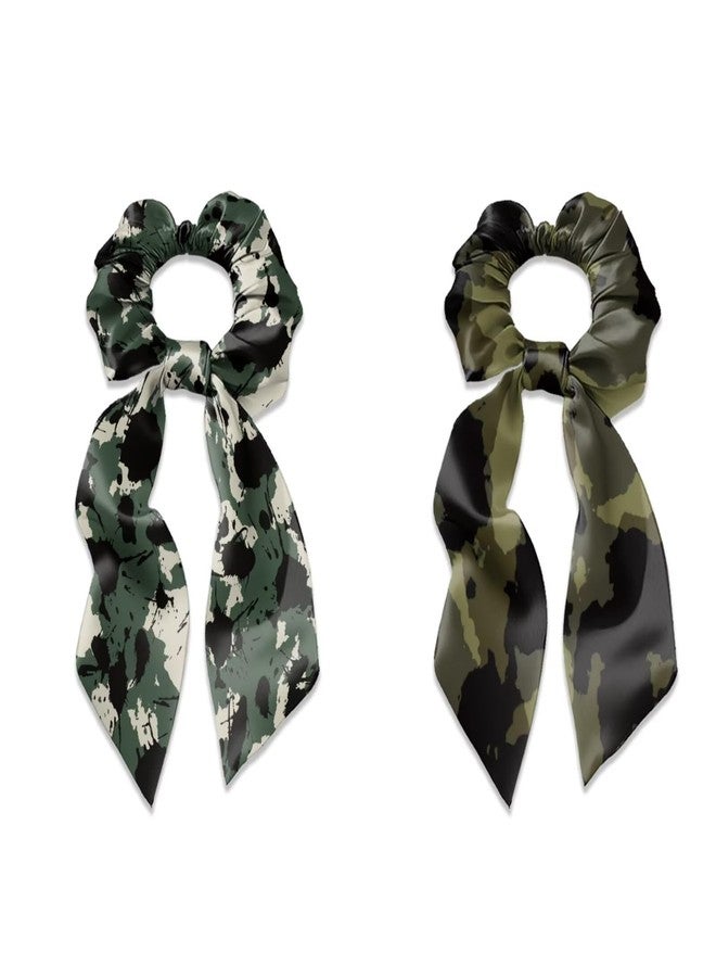 LedBack 2 Pcs White Hair Accessories for Women Soft Satin Fabric Hair Ribbon Trendy Bow Scrunchies Bow Hair Ties Casual Fashion Hair Bands Green Camo Design Hair Ties - Image 2