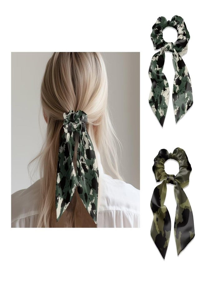 LedBack 2 Pcs White Hair Accessories for Women Soft Satin Fabric Hair Ribbon Trendy Bow Scrunchies Bow Hair Ties Casual Fashion Hair Bands Green Camo Design Hair Ties - Image 1